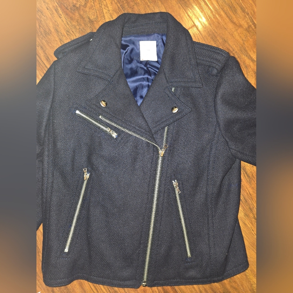 GAP Wool Blend Dark Blue Moto Jacket With Zippers Medium - Picture 7 of 10